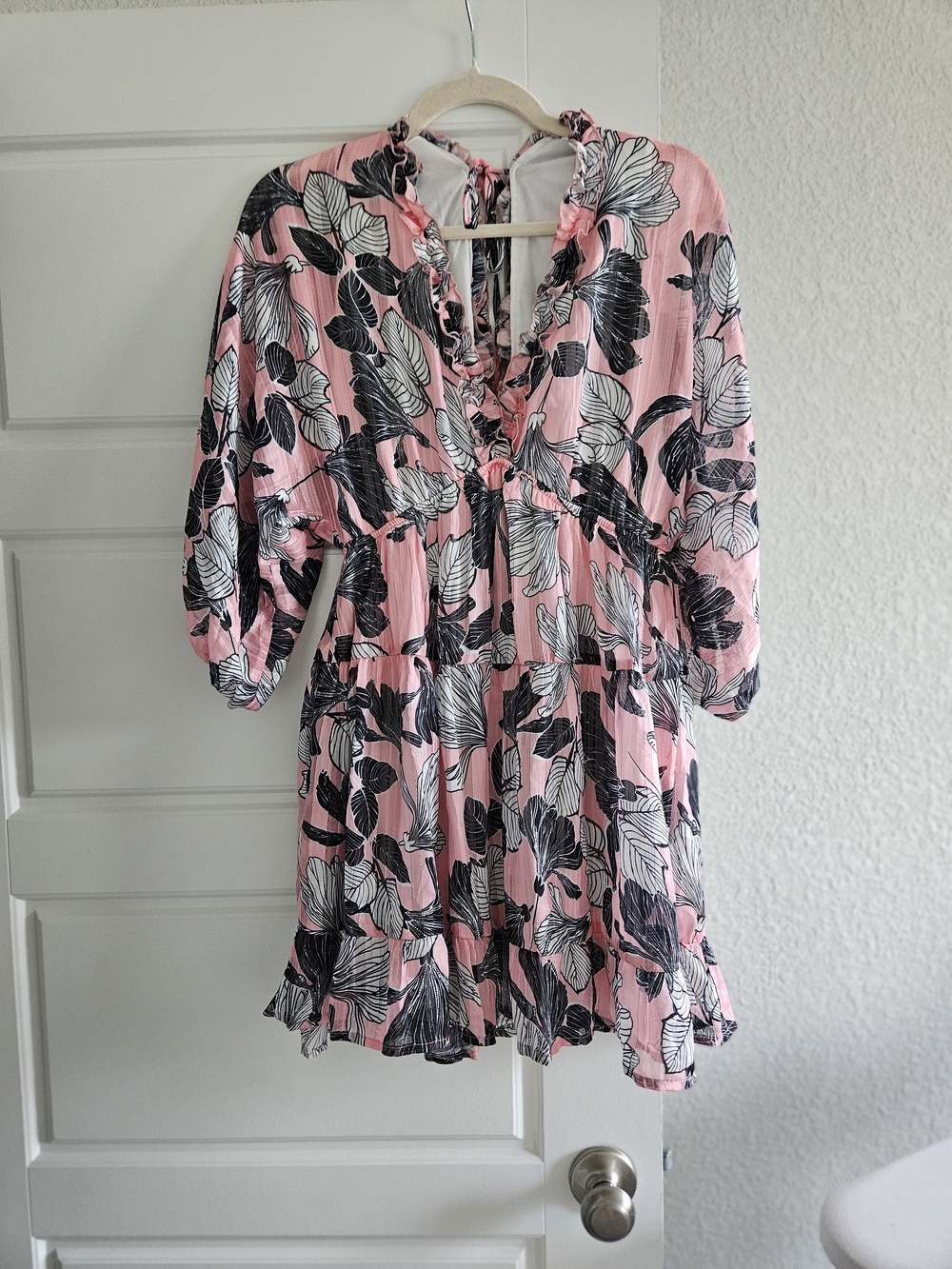 Pink Floral Ruffled V-Neck Tunic Mini Dress